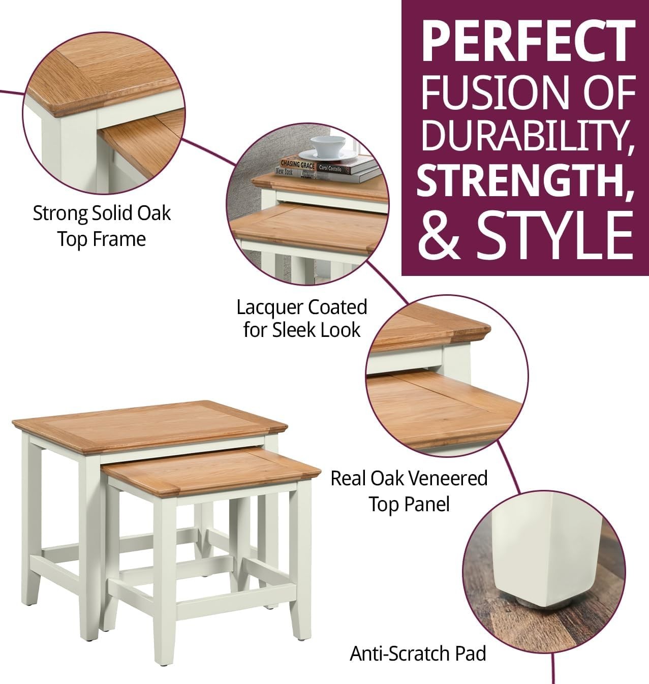 2 Nesting Coffee Tables Set Oak Top White Living Room End Side Table Modern