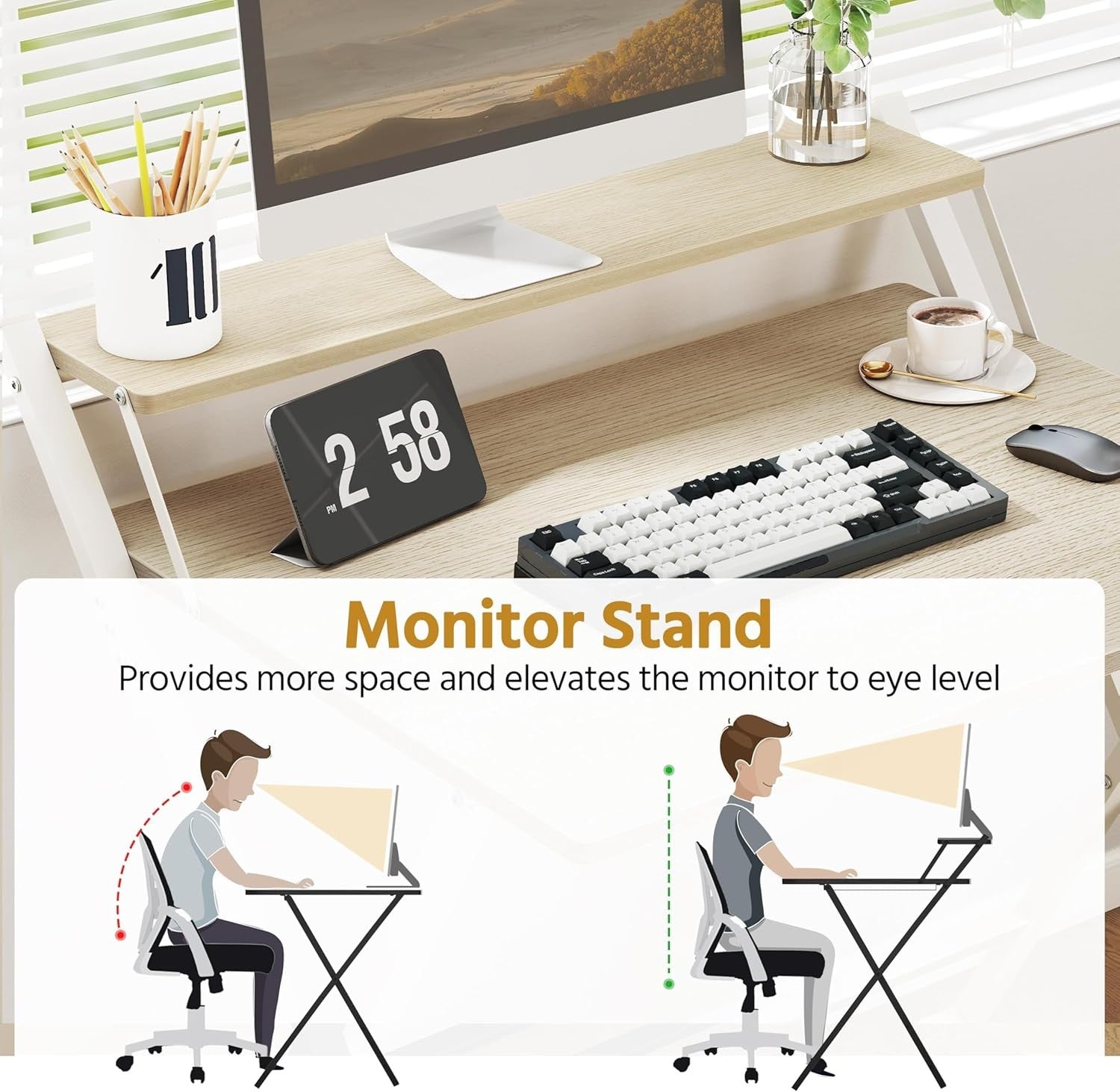 Foldable Computer Desk Small Space with Monitor Stand 80cm Natural Wood