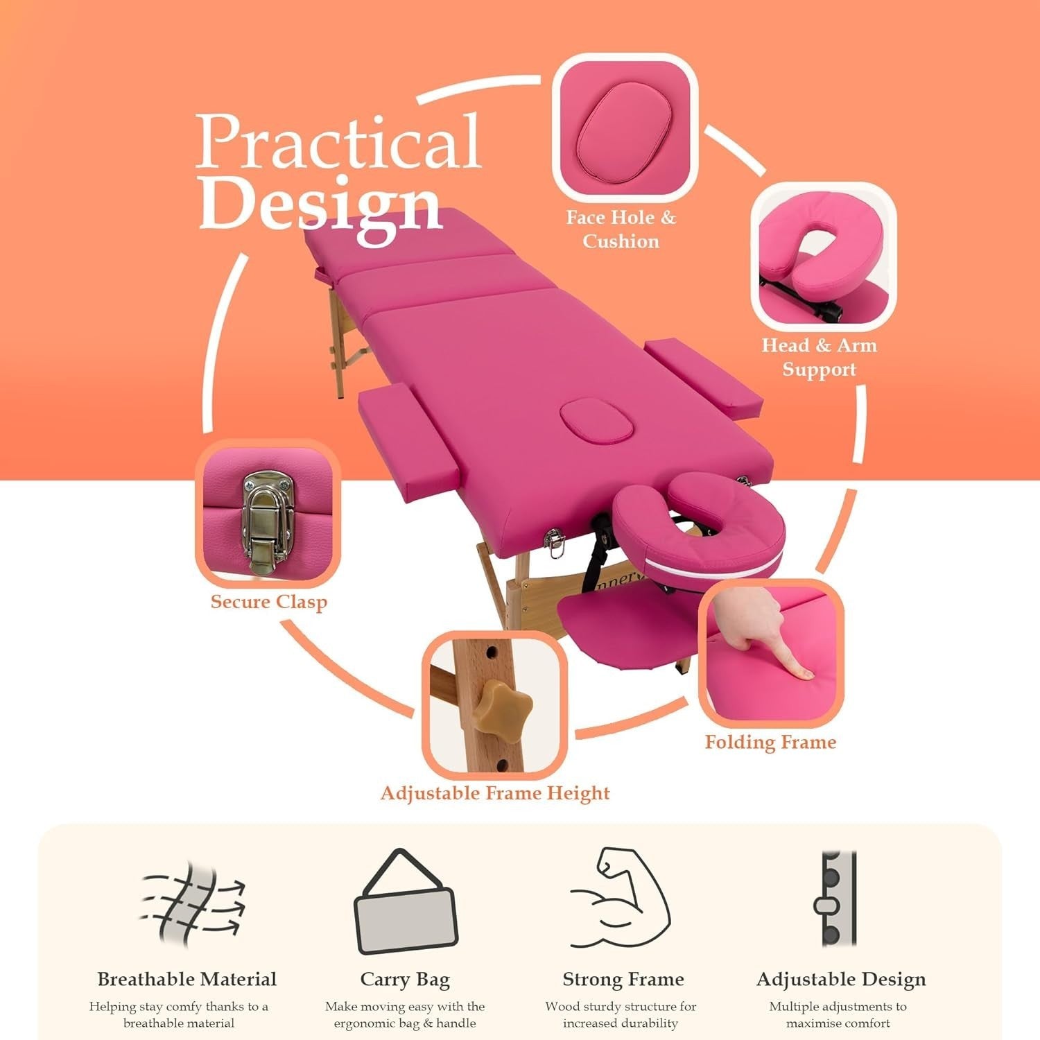 Portable Massage Table 2-Section Folding Therapy Bed w/ Face Cradle Dark Pink