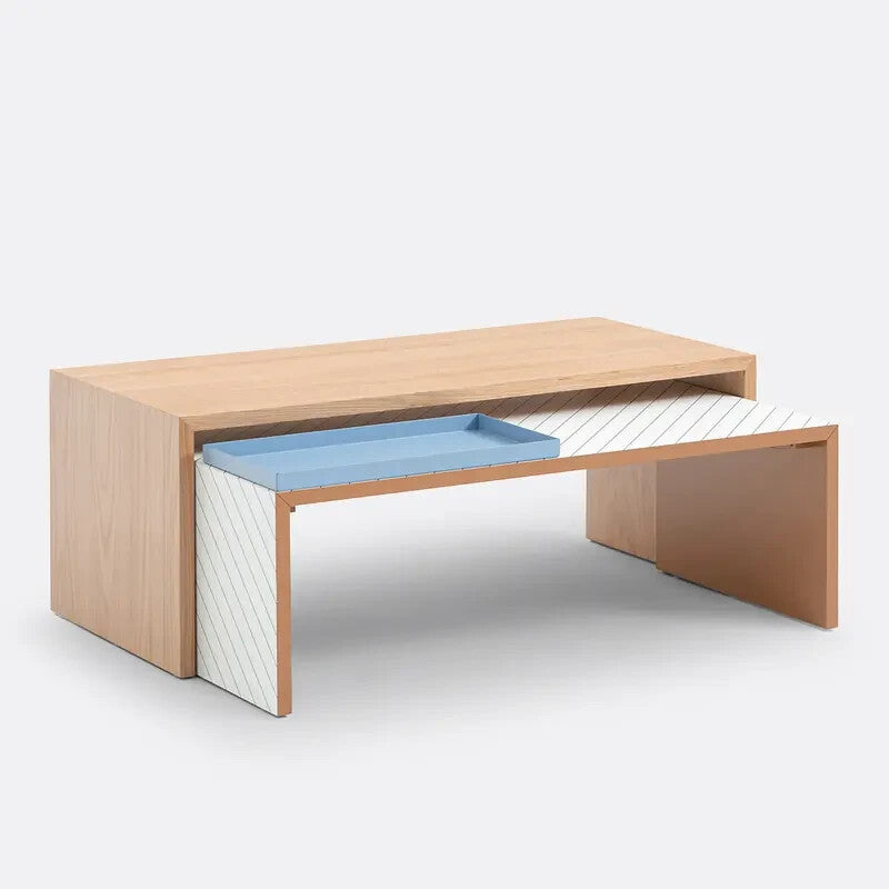 Modern Nesting Coffee Tables Set Oak & Glass Duo with Tray 110x50x42.5cm
