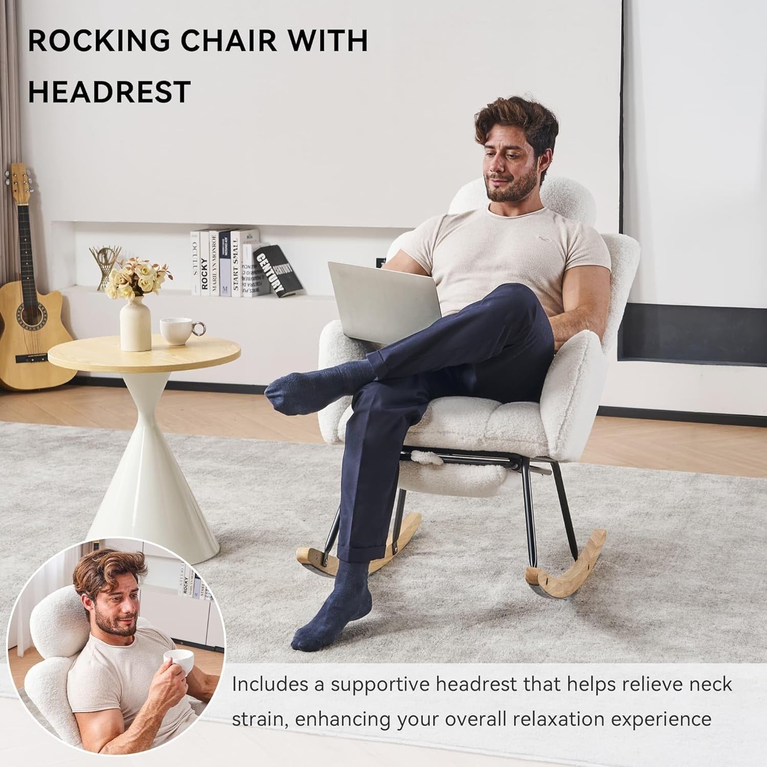 Ivory Rocking Recliner Chair w/ Footrest, Headrest – Cozy Teddy Armchair 125cm