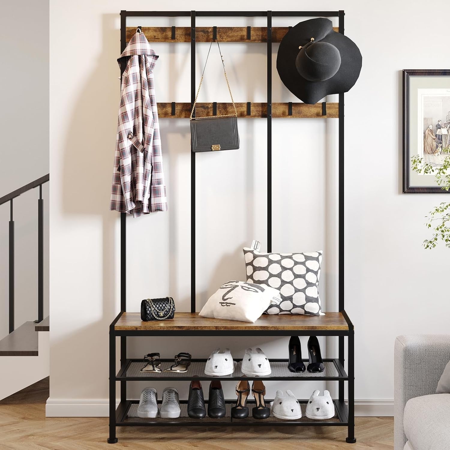 Industrial Coat Rack with Bench 3-in-1 Shoe Storage Hall Tree 12 Hooks 184cm