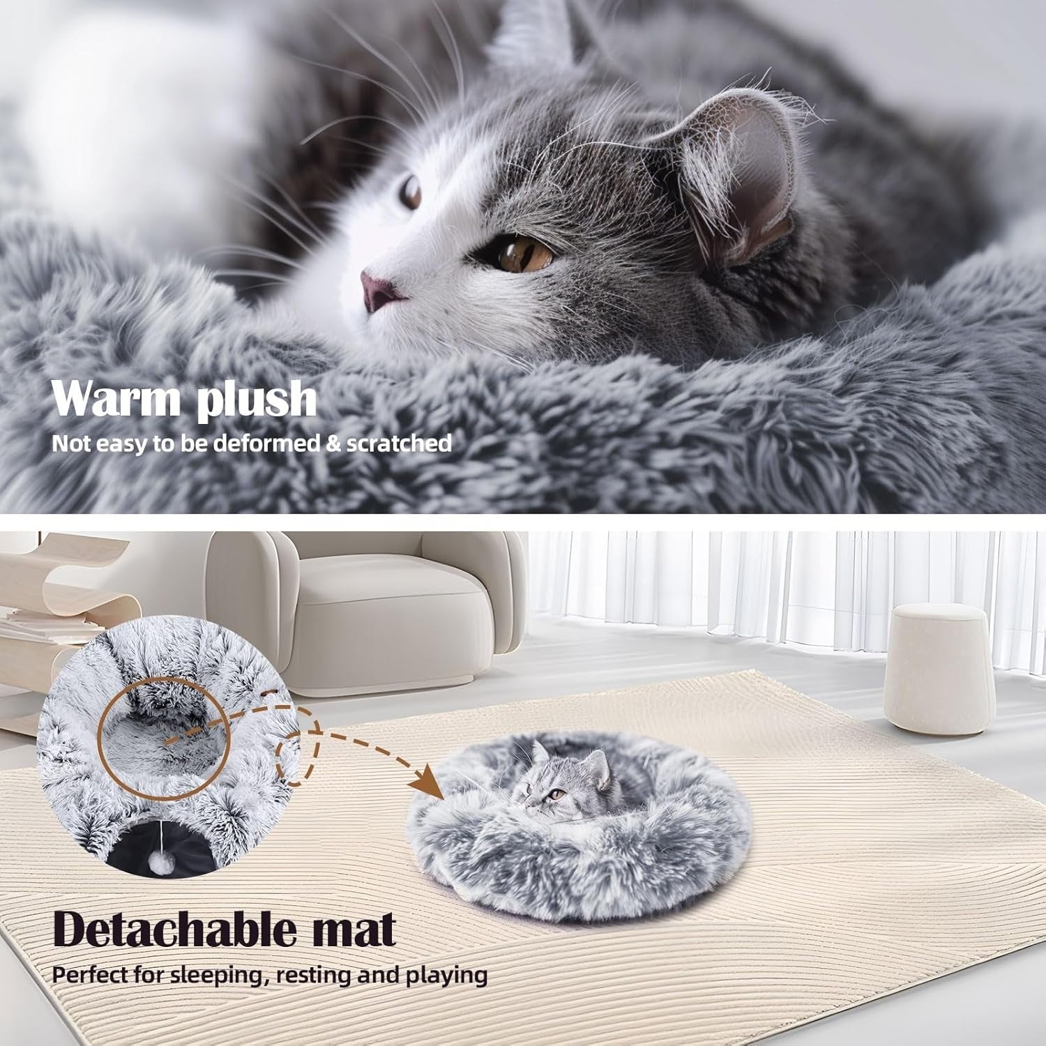 Large Cat Tunnel Bed Foldable Donut Play Tunnel w Plush Bed Toys