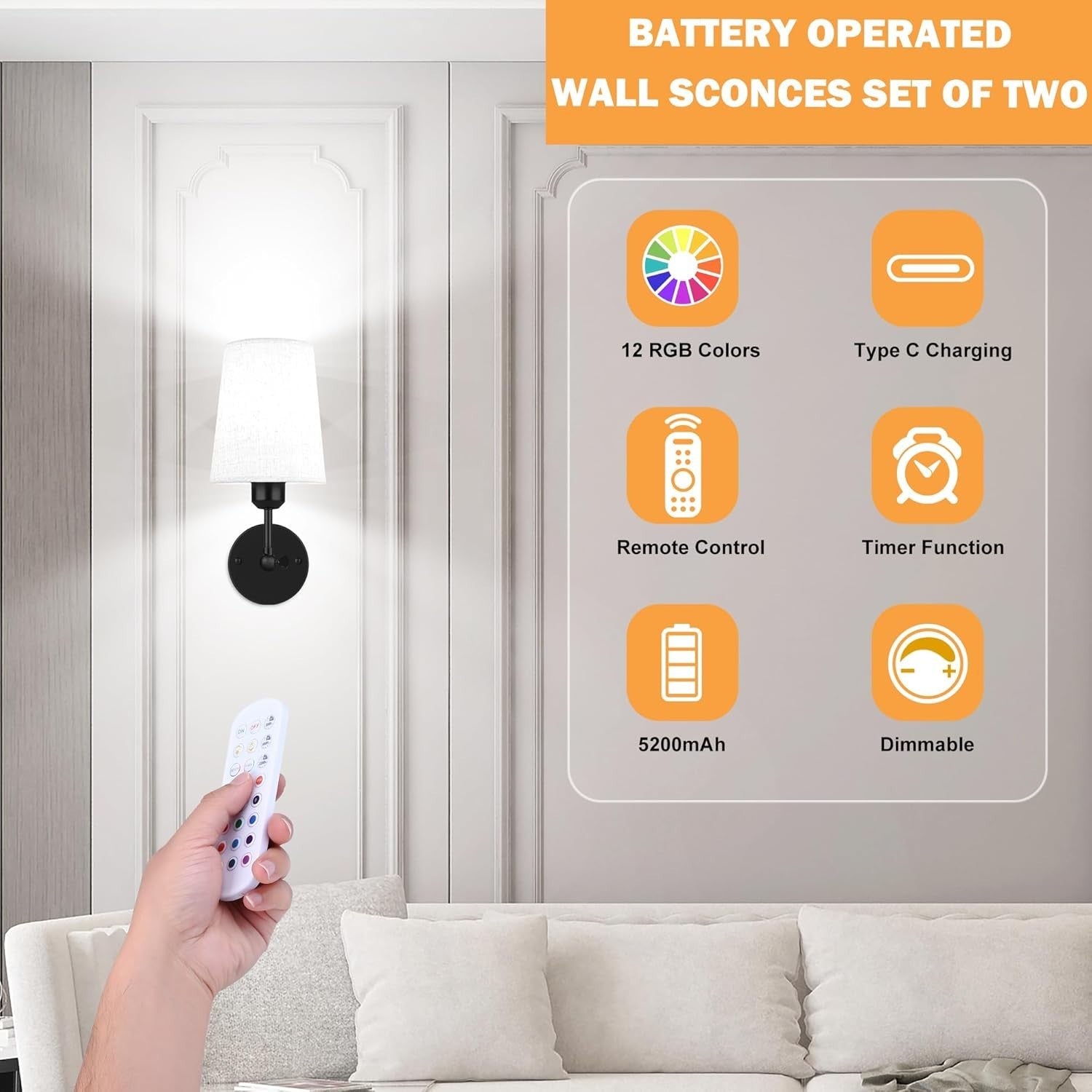 Set of 2 Black Wall Sconce Lights Battery Operated RGB Remote Rotating