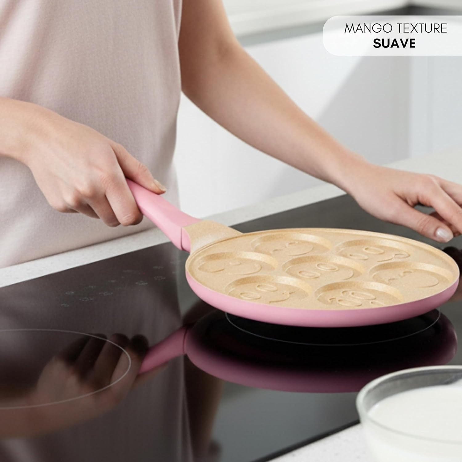 Pink 7 Smiley Pancake Pan 26cm Non-Stick Crepe Maker Induction Safe Soft Grip