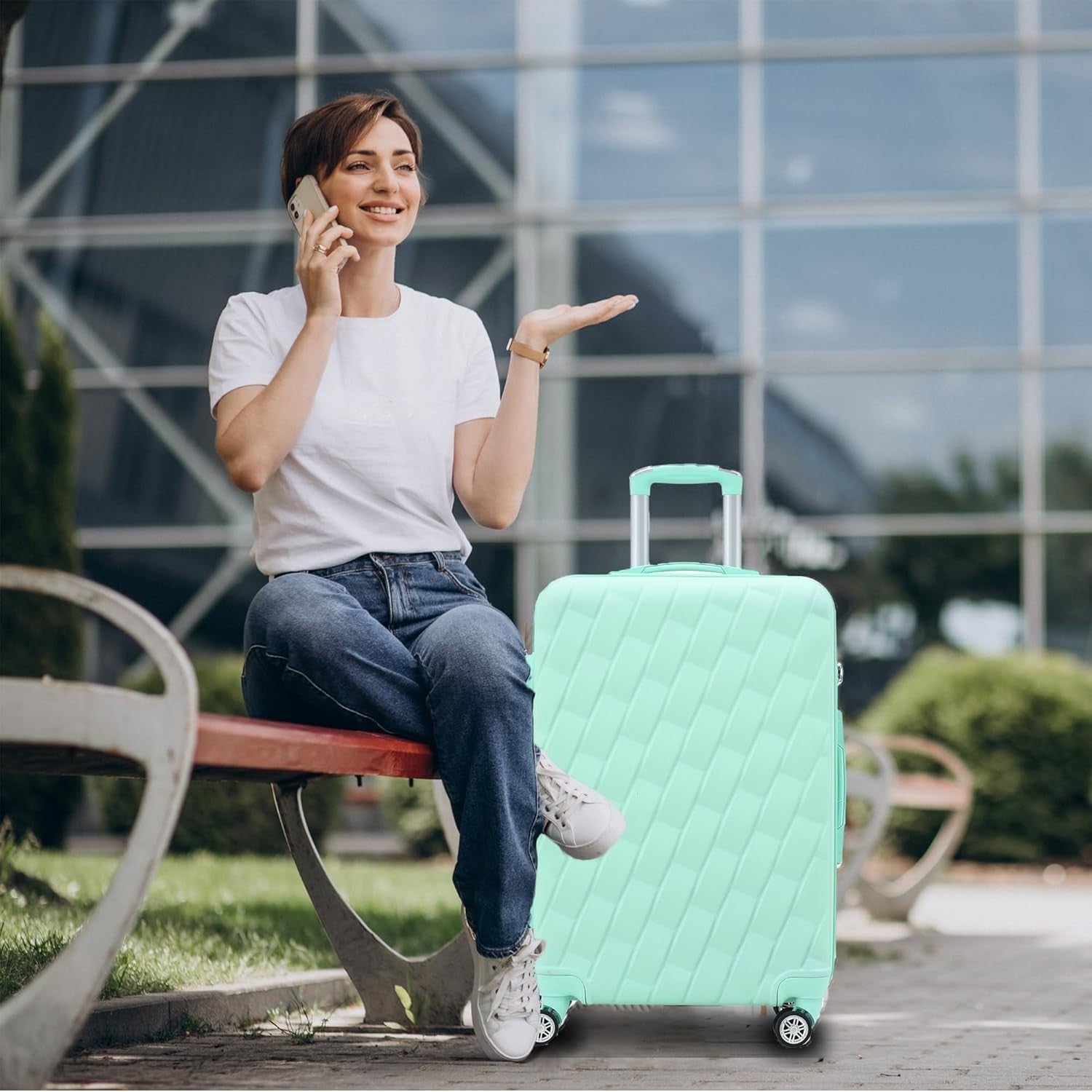20 Inch Cabin Suitcase Hard Shell PC ABS 4 Dual Spinner Wheels Lock Green
