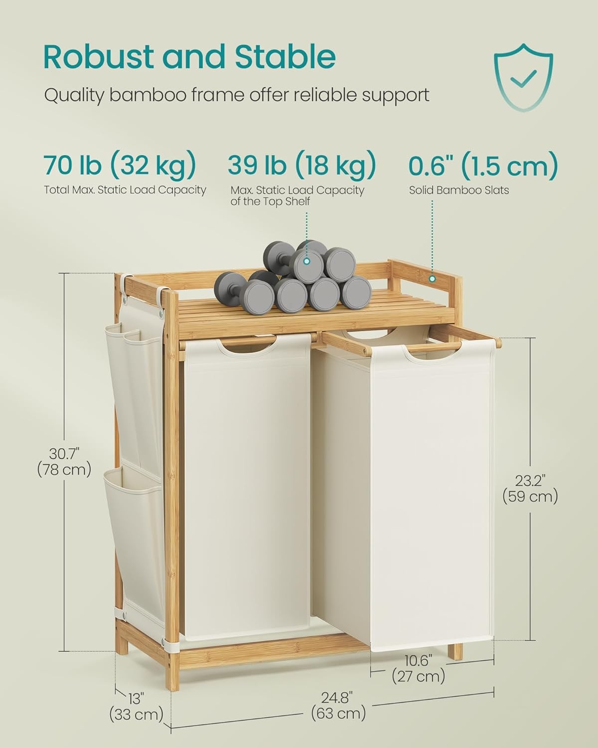 Dual Laundry Hamper with Bamboo Shelf 2 Compartments Sorter 100L Cream