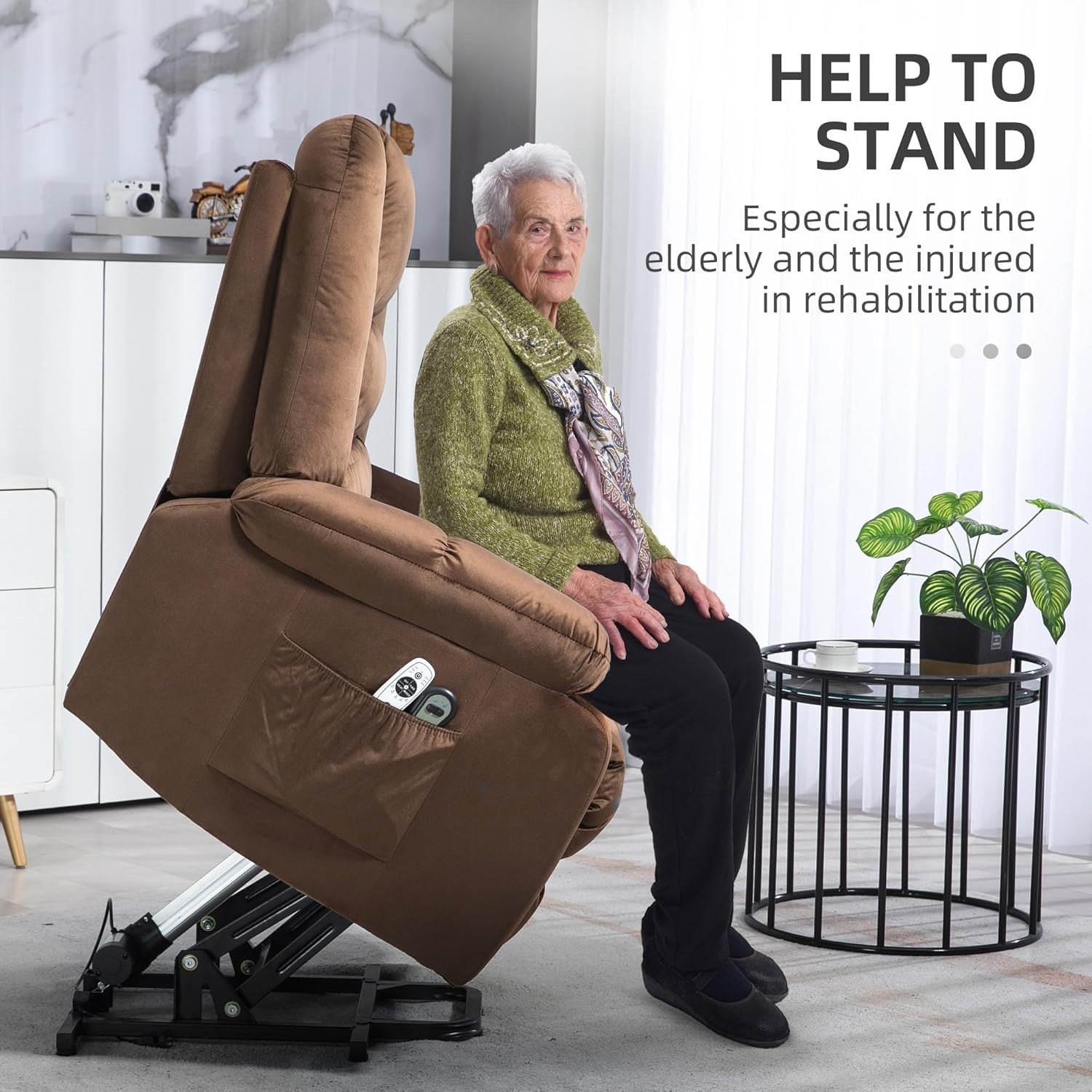 Velvet Lift Recliner Chair Massage Heat Riser Armchair for Elderly Brown