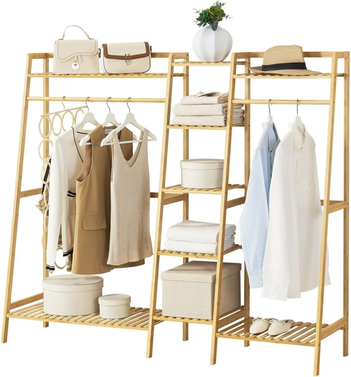 Bamboo Clothes Rack Freestanding Coat Rail with Shelf for Bedroom