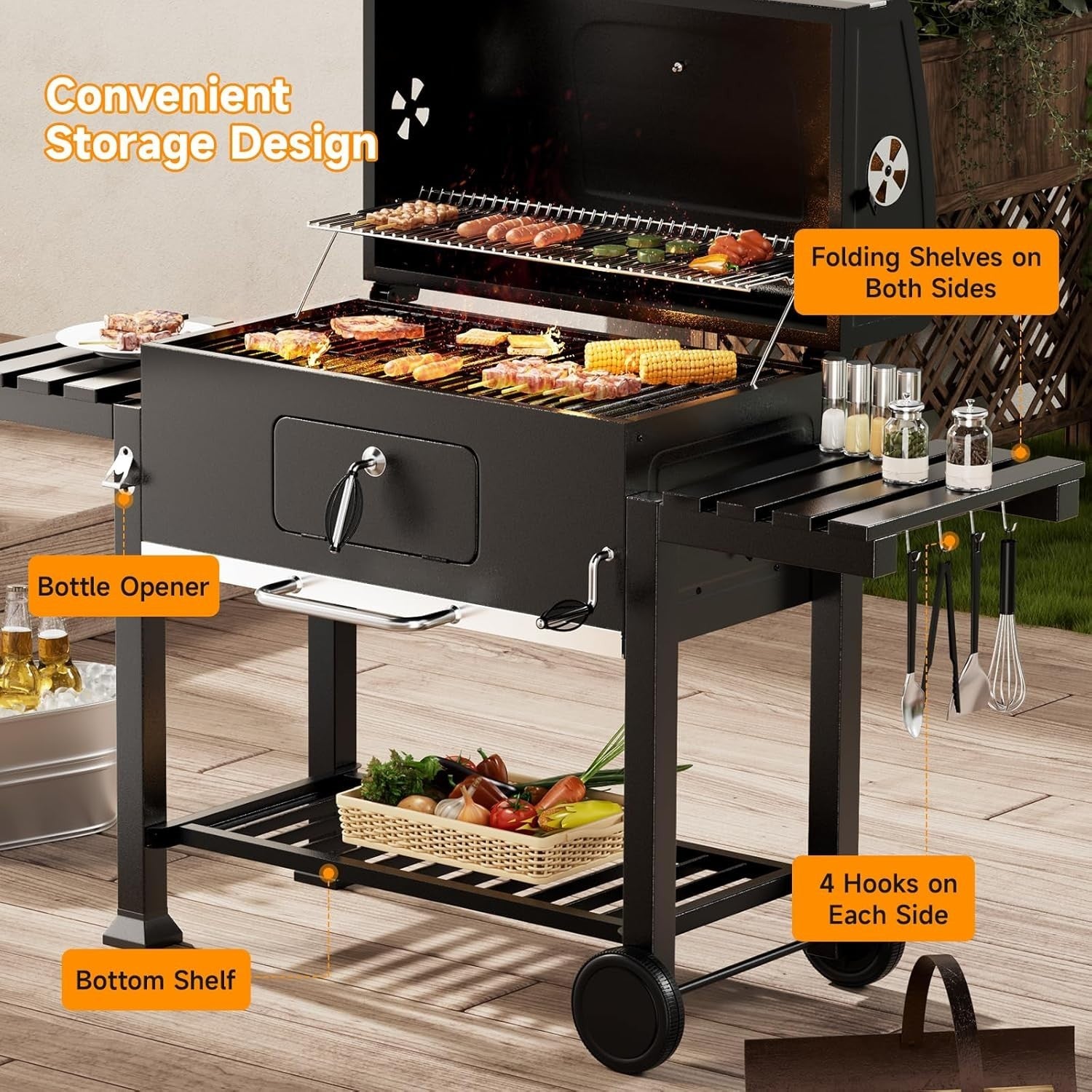 XXXL Charcoal BBQ Smoker Grill with 2 Folding Tables, Thermometer