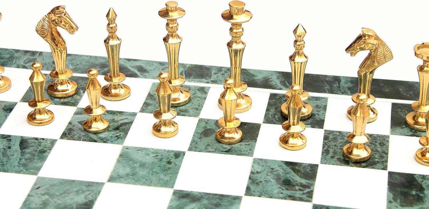 15" Green Marble Chess Set | Handcrafted Stone Board & Brass Pieces | Luxury Gif