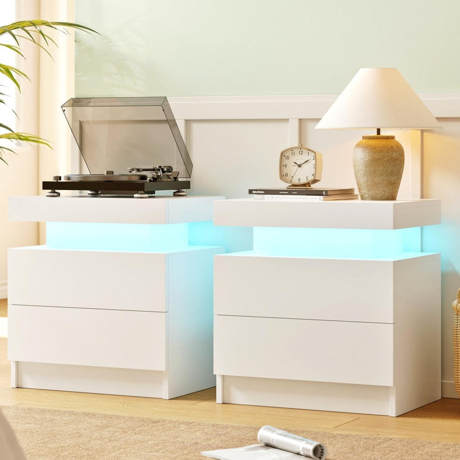 Modern LED Bedside Tables Set of 2 with RGB Lights & Drawers – White Nightstands