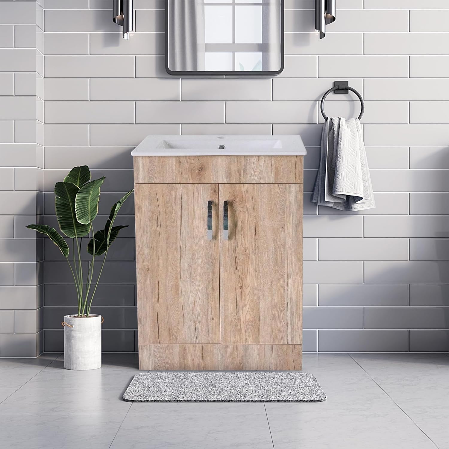 600mm Oak Wood Grain Bathroom Vanity Unit with Basin Floor Standing Sink Cabinet
