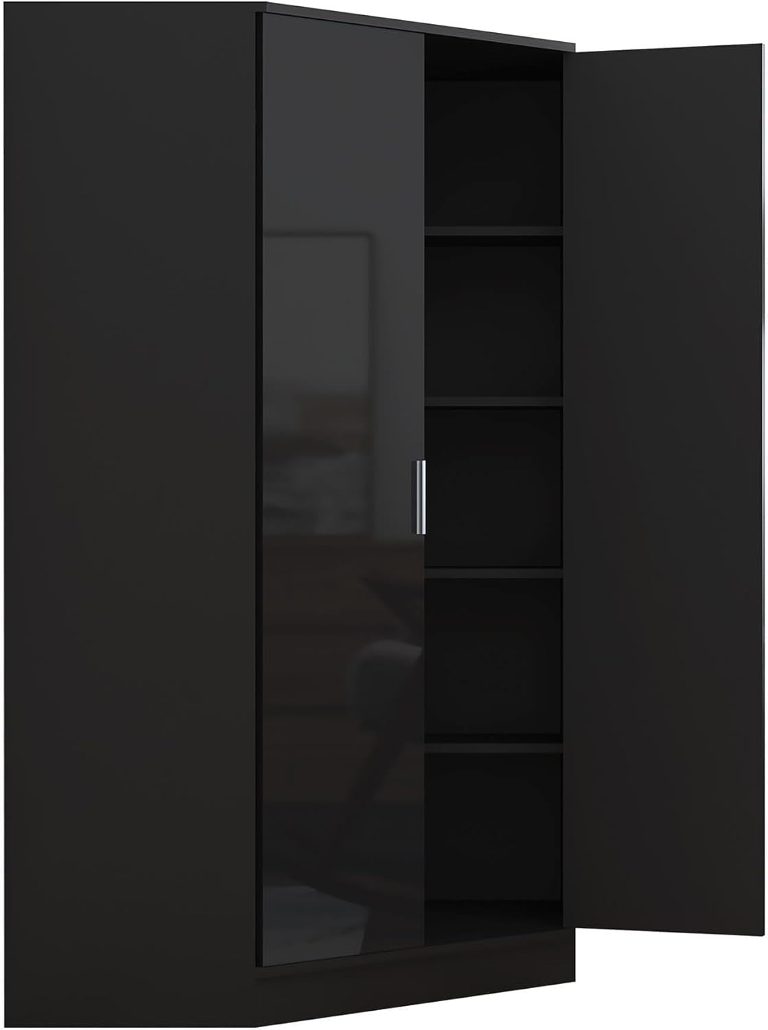 Black Gloss Corner Wardrobe 2 Door with Hanging Rails & Shelves, Space Saver