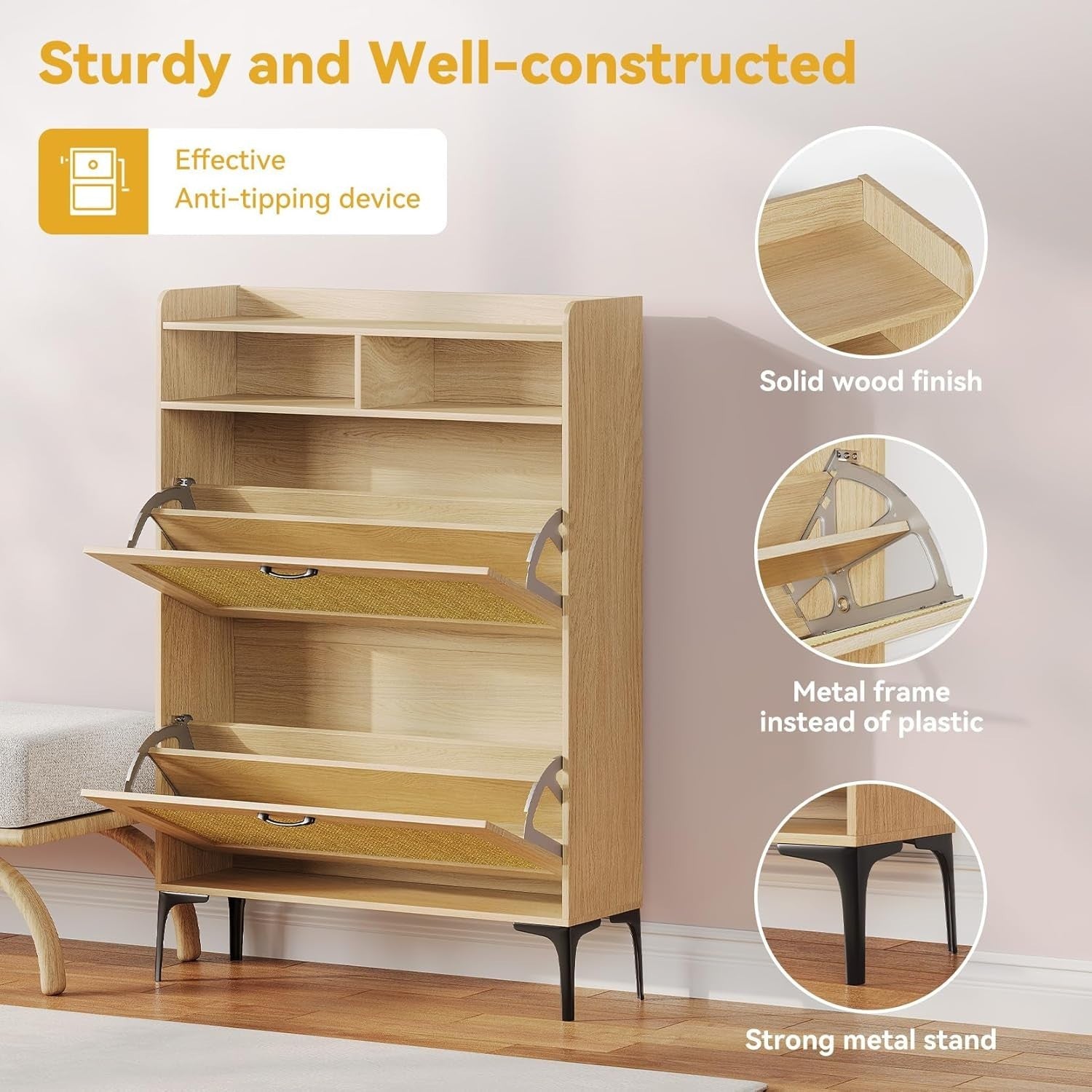 Rattan Oak Shoe Cabinet | Slim 2 Drawer Storage Unit with Open Shelves 80x24x114