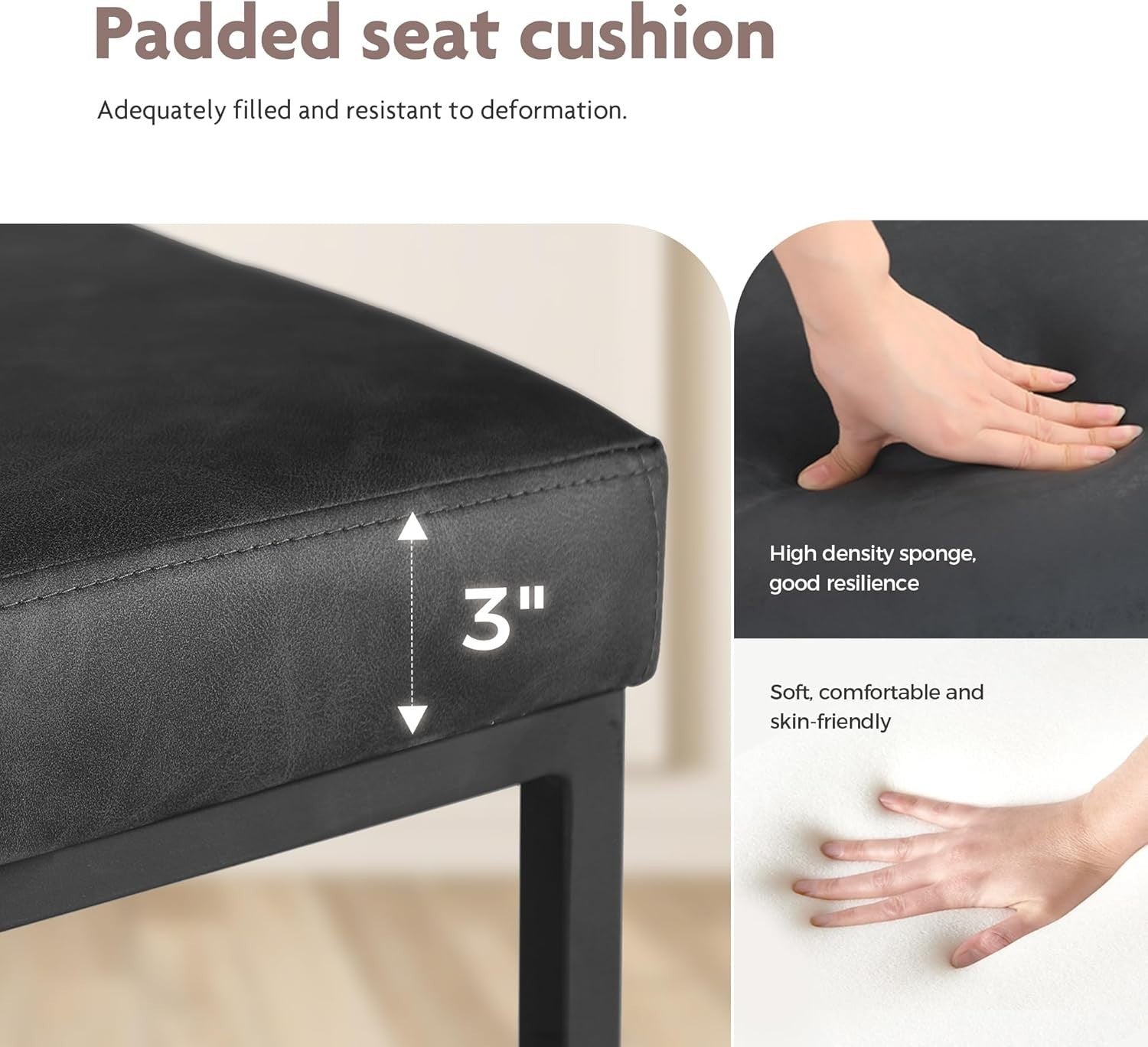 Black PU Leather Bar Stool Set of 2 Square Cushioned Kitchen Counter Chairs