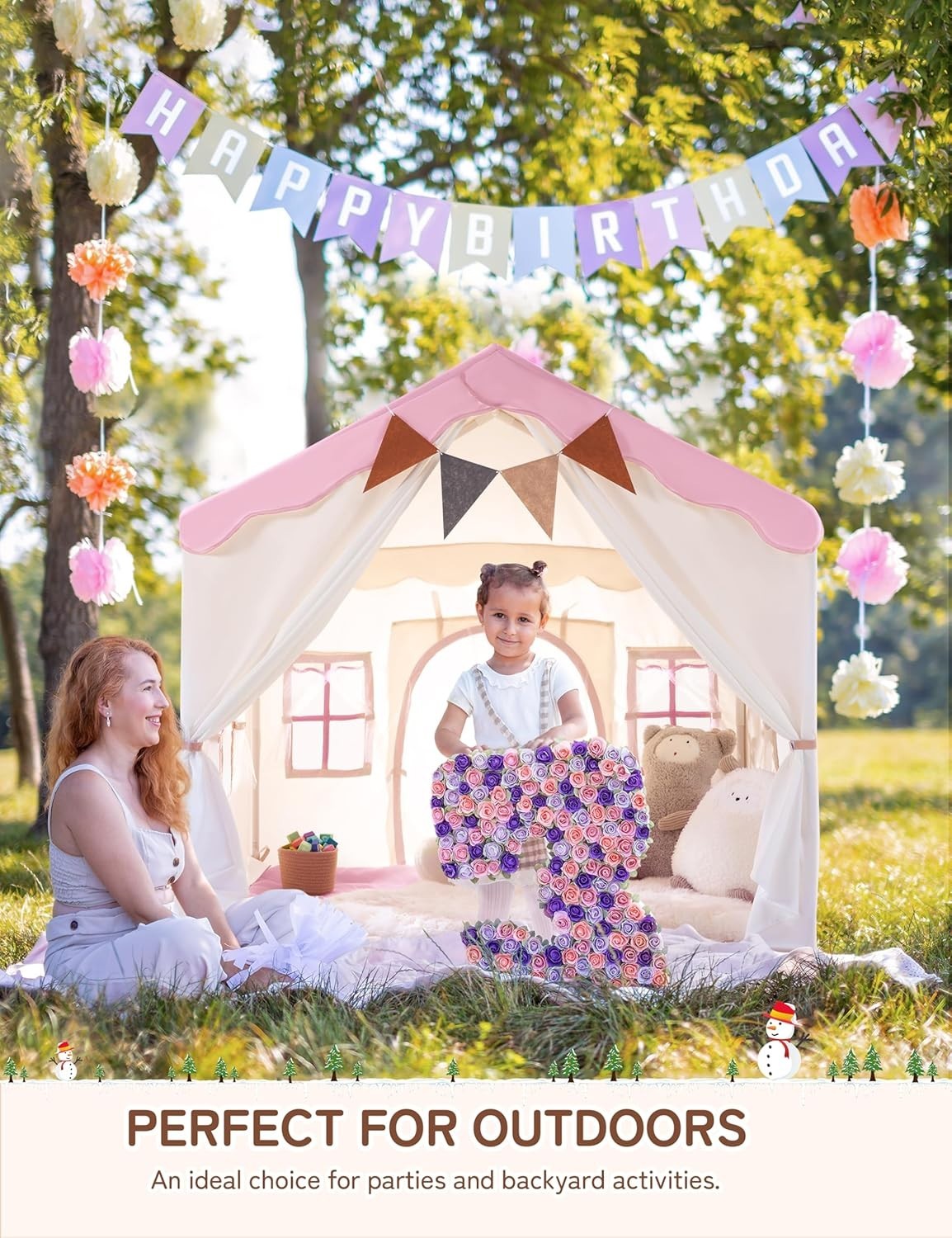 Pink Kids Bed Canopy Play Tent with Lights Padded Indoor Castle