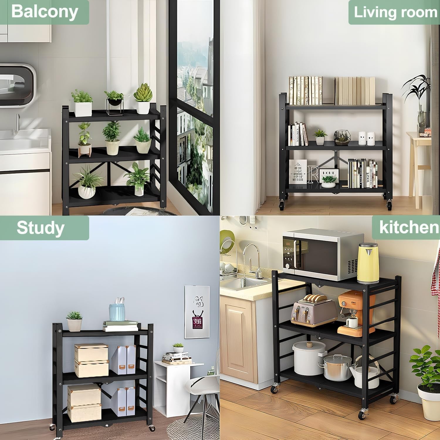 3 Tier Folding Storage Shelving Unit on Wheels Metal Rack Kitchen Garage