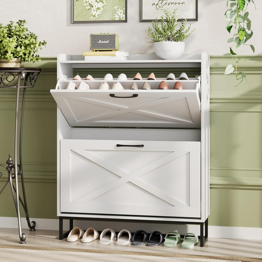 Slim White Shoe Cabinet 2 Drawer Fold Vintage Rack – Adjustable Shelves 80cm