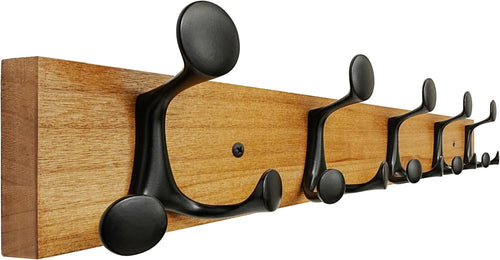 Light Brown Wood Wall Coat Rack 5 Triple Hooks | 61cm Modern Hanging Rail