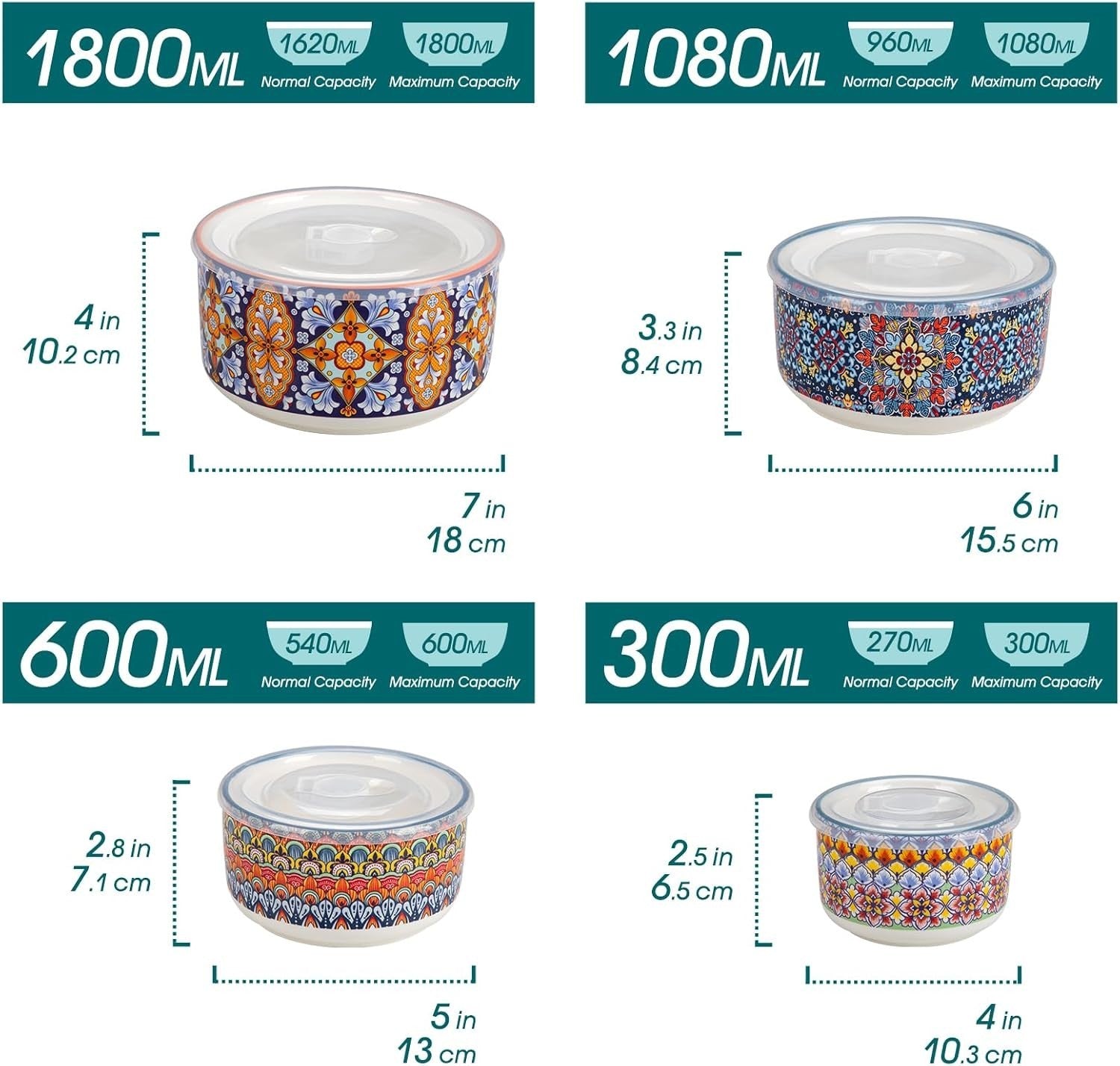 Bohemian 4-Piece Ceramic Nesting Mixing Bowls Set 60/36/20/10oz