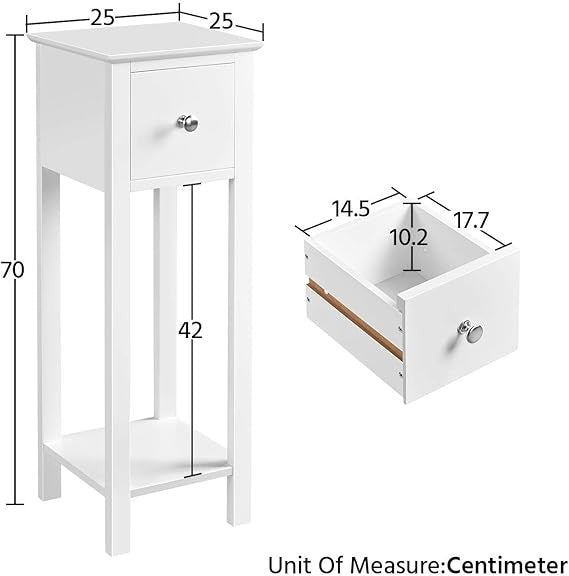 White Slim Bedside Tables Set of 2, Narrow Nightstands with Drawer & Shelf 25x25