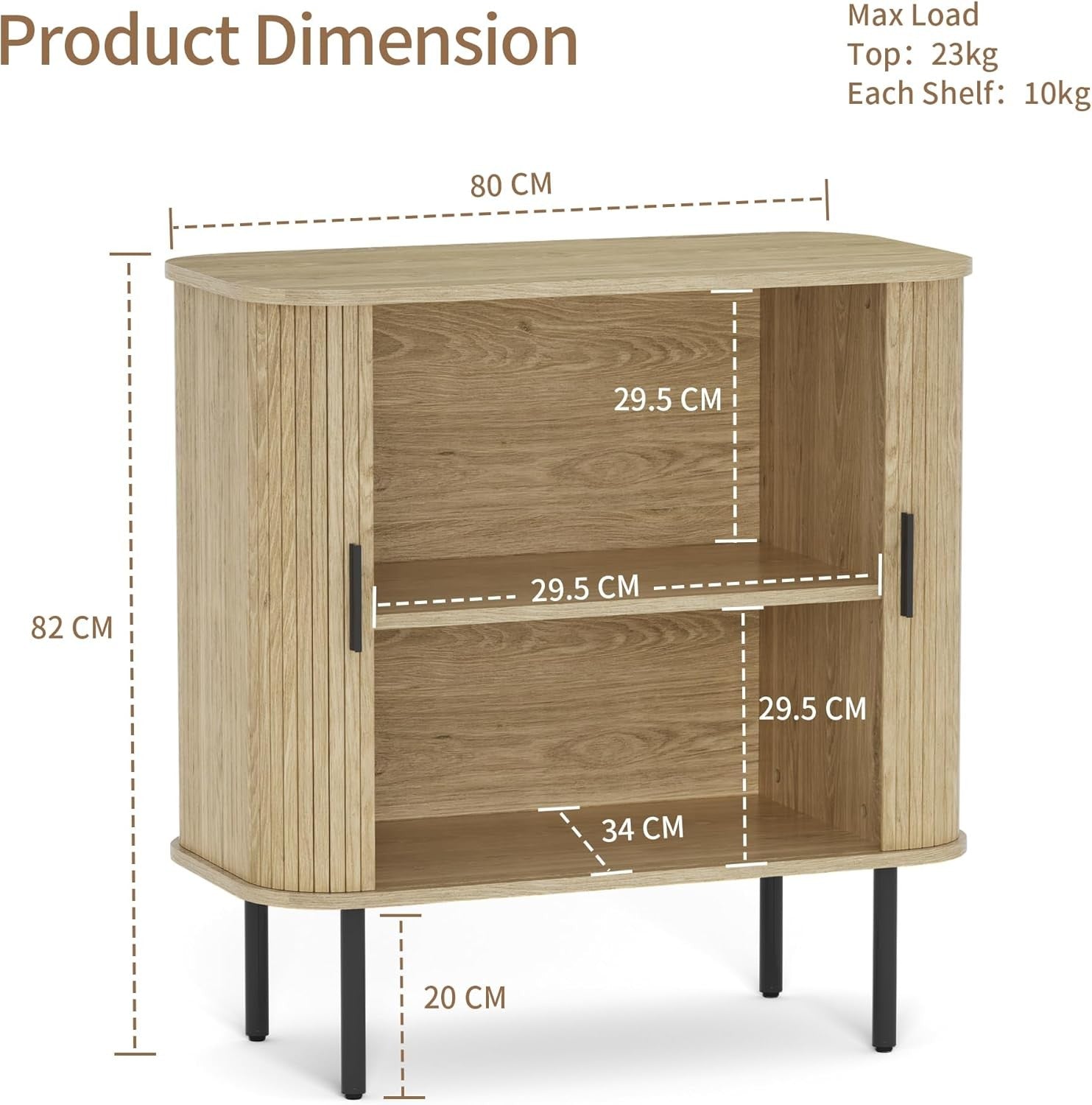 Natural Wood Sideboard Buffet Cabinet with Sliding Tambour Doors 80cm