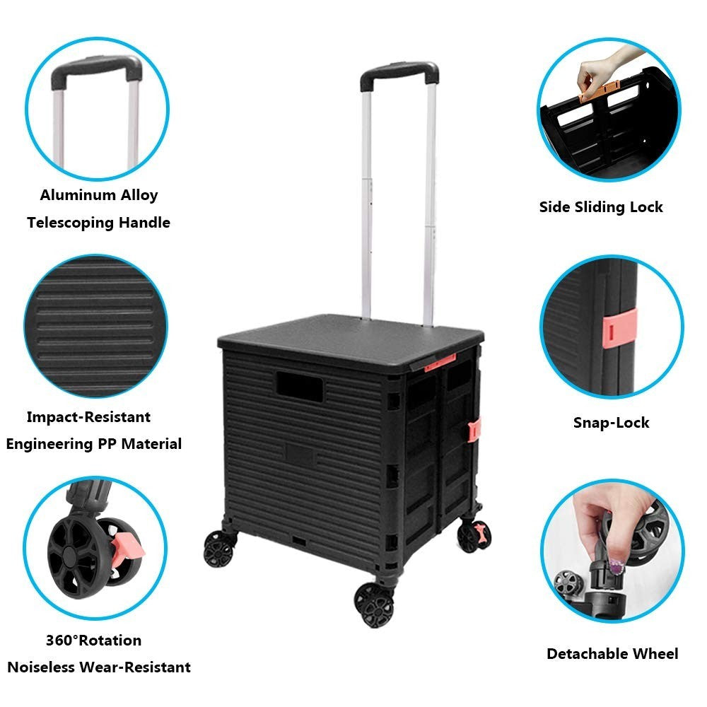 Heavy Duty 50L Folding Shopping Trolley Cart 60KG with 360° Wheels