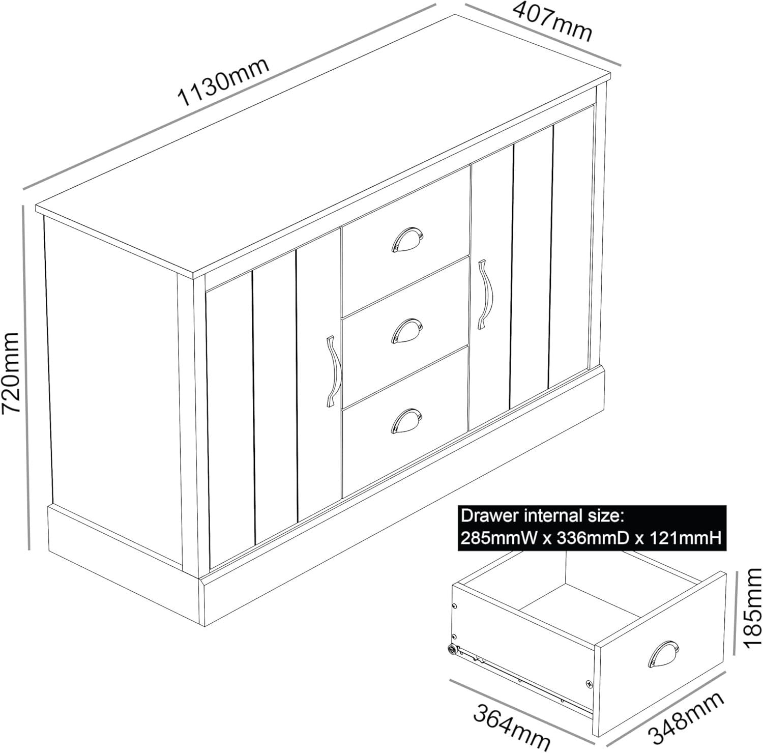 Rustic Storage Sideboard Cabinet 2 Doors 3 Drawers Adjustable Shelves