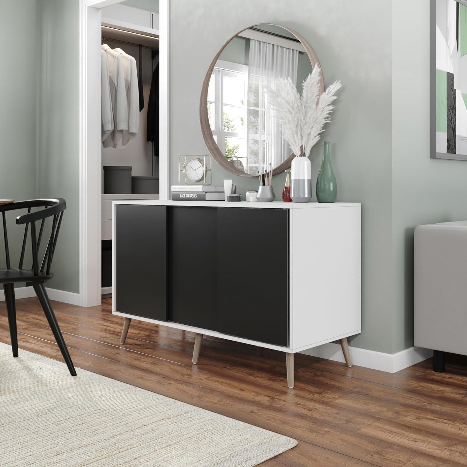 Modern White Sideboard Sliding Doors Storage Unit Black Front Beech Legs