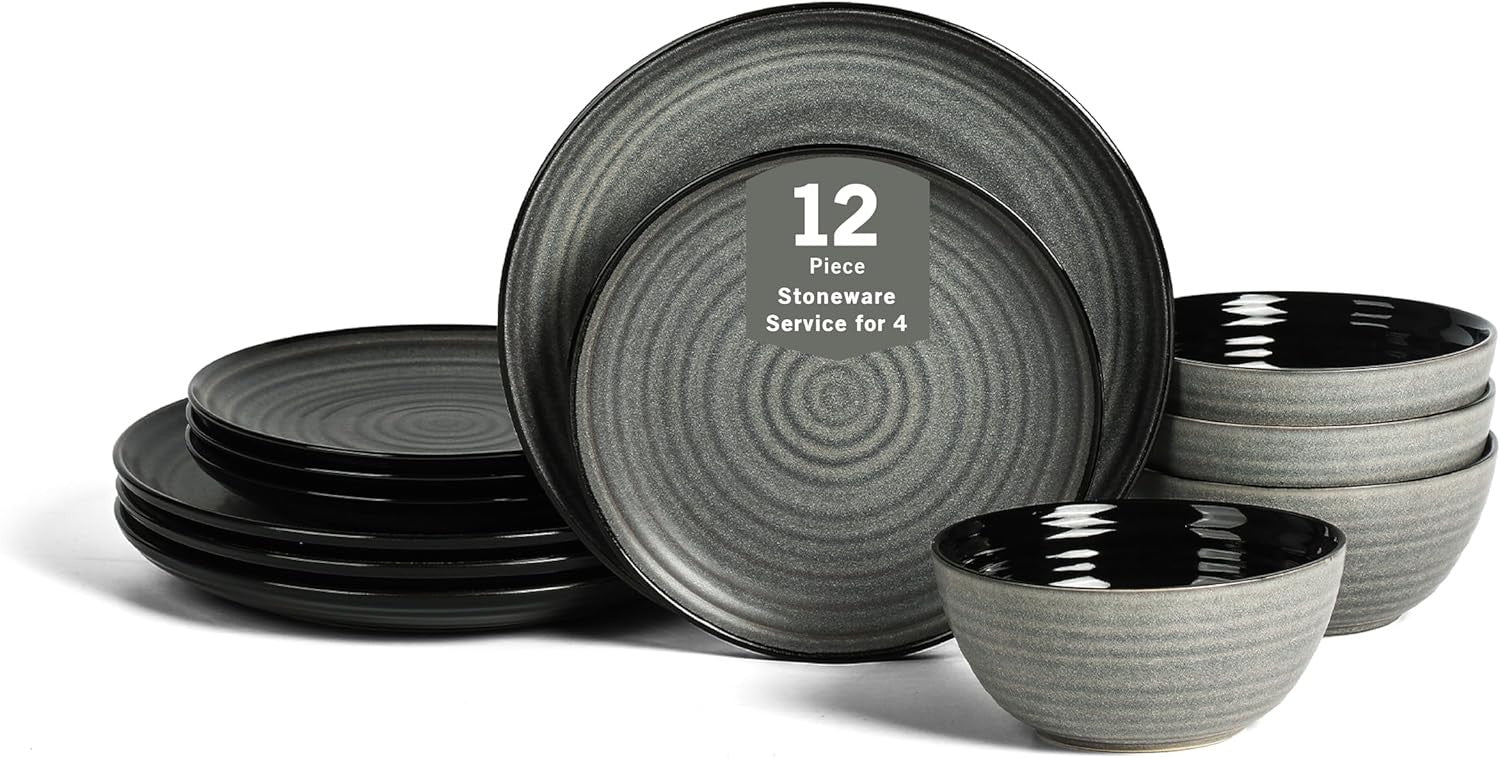 12pc Stoneware Dinner Set Plates Bowls Black Scratch Resistant Modern