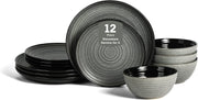 12pc Stoneware Dinner Set Plates Bowls Black Scratch Resistant Modern