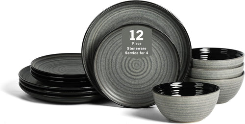 12pc Stoneware Dinner Set Plates Bowls Black Scratch Resistant Modern