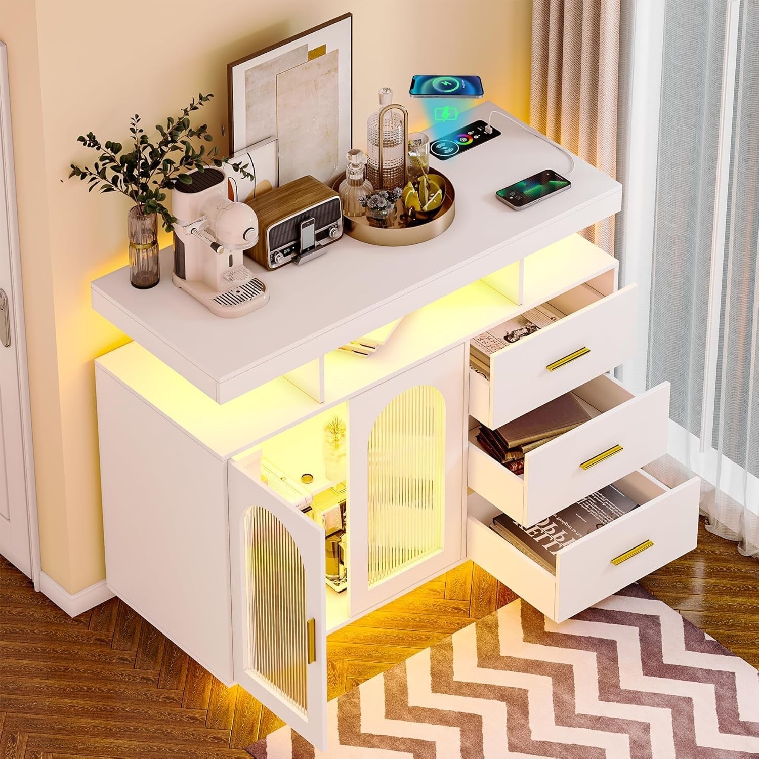 White LED Sideboard Buffet with Wireless Charging, RGB Lighting & USB Ports
