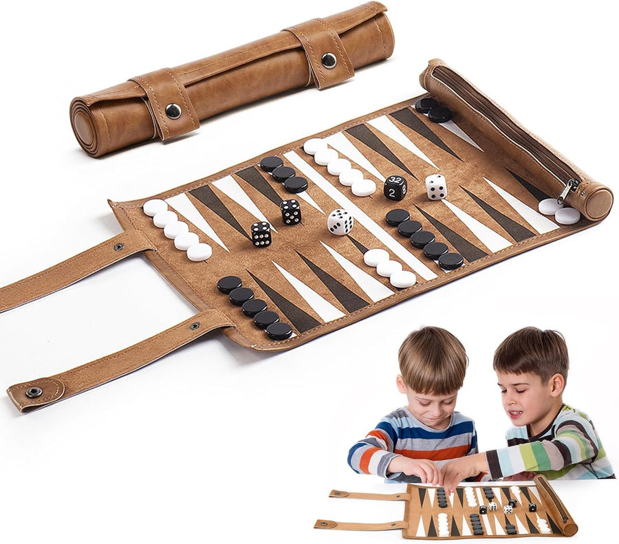 Roll Up Backgammon Set Portable Travel Board PU Leather Classic Strategy