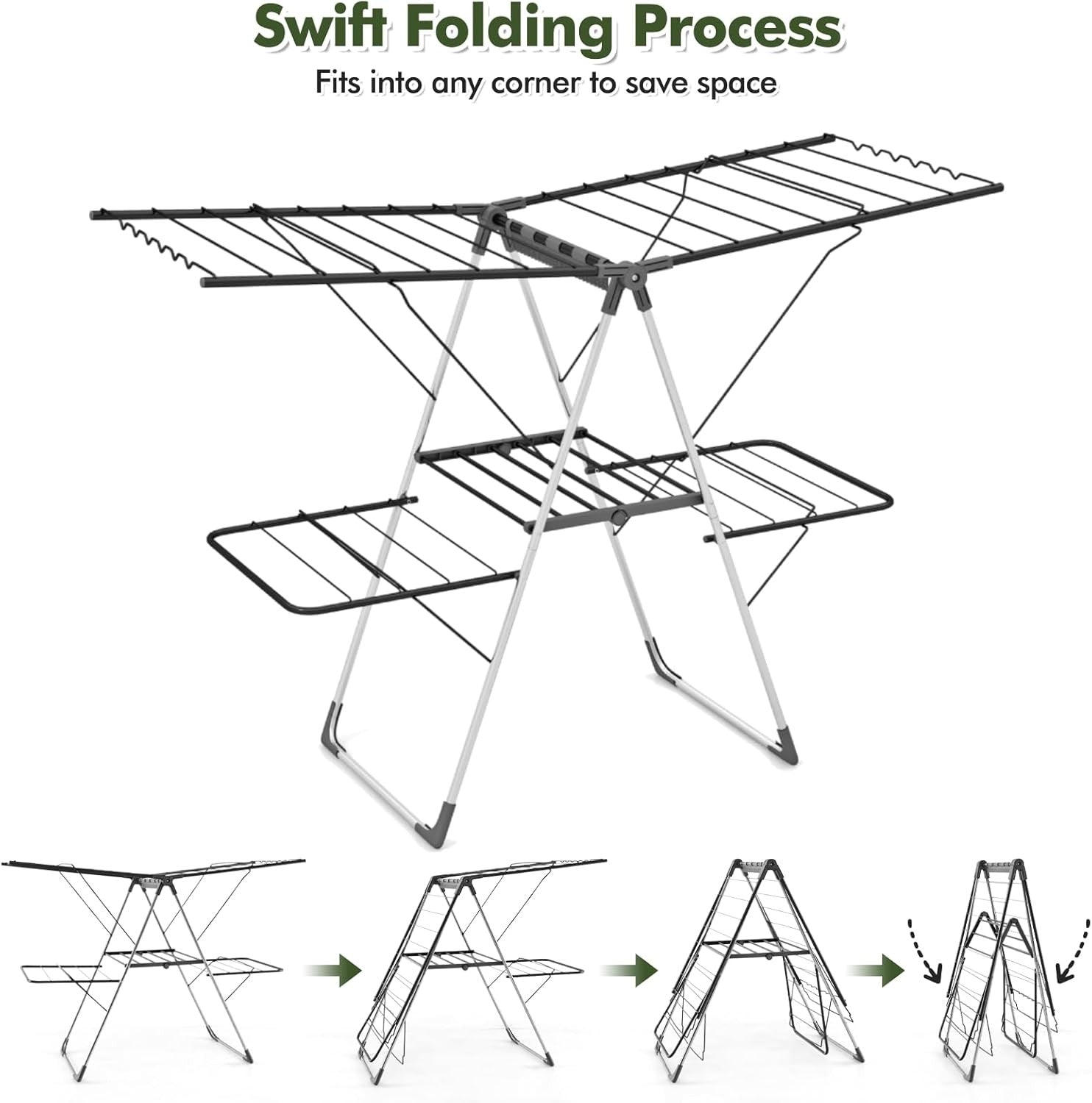 Foldable Clothes Drying Rack 2 Tier Airer 33 Rails Adjustable Freestanding