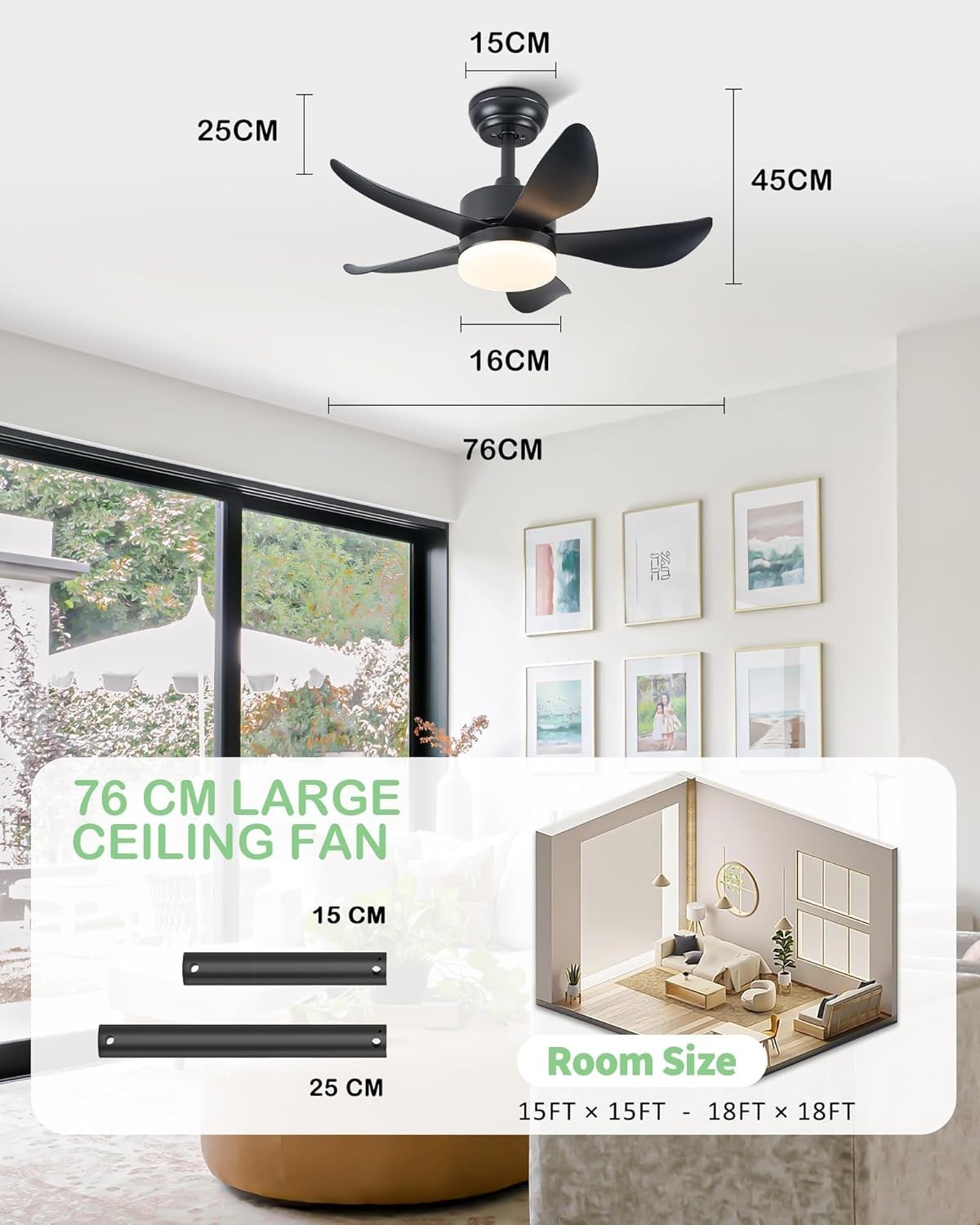 30" Ceiling Fan Light, 6 Speeds, Dimmable LED, Reversible, Quiet Remote Control