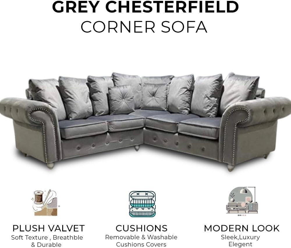Grey Velvet Corner Sofa 5 Seater – Chesterfield Style Plush L-Shaped Sectional