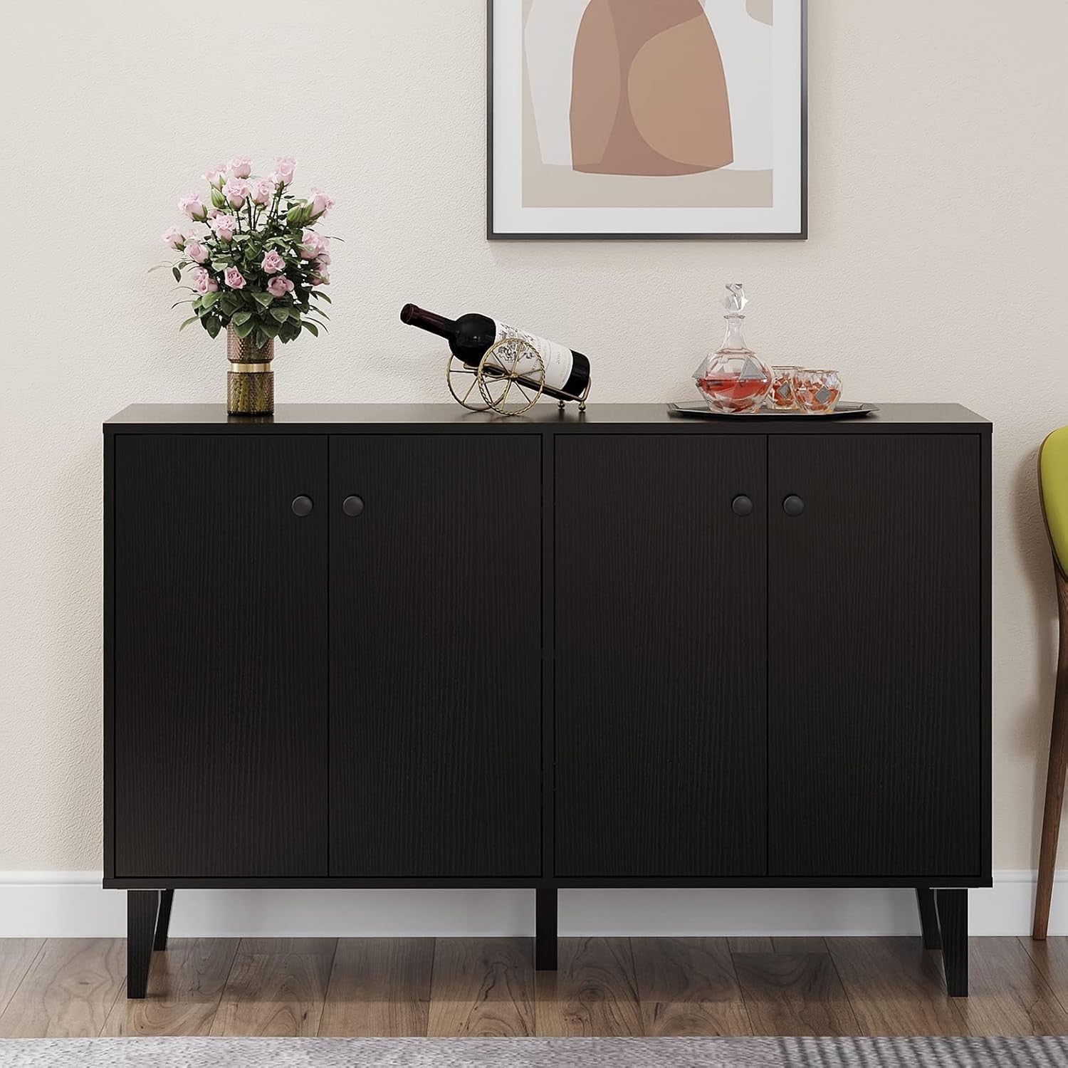 Modern Black Sideboard Cabinet with 4 Doors, Elevated Legs & Ample Storage