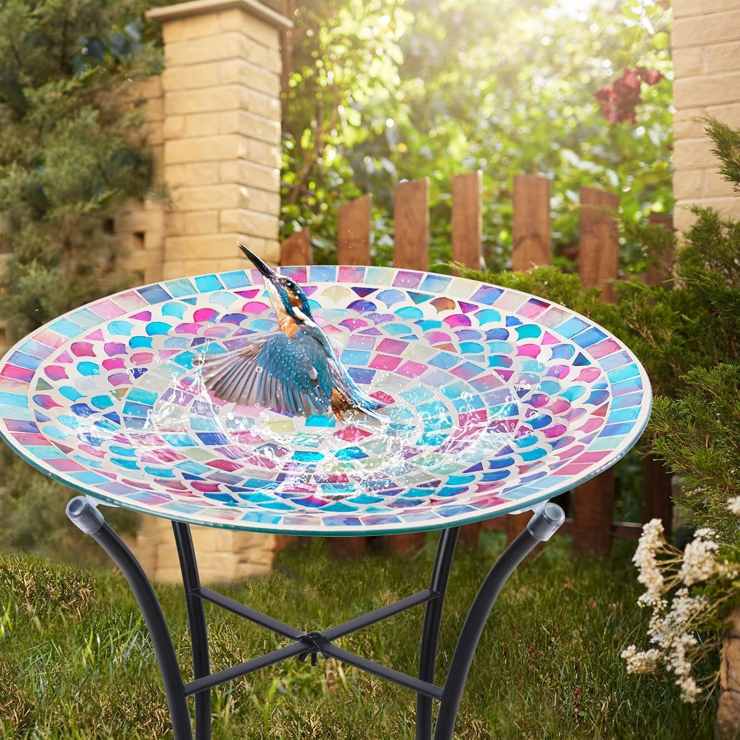 Mosaic Glass Bird Bath | 14" Colourful Garden Bowl with Metal Stand