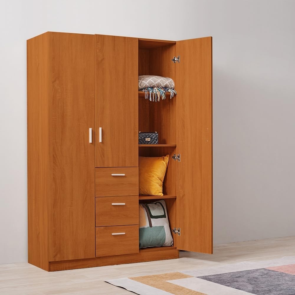 Large Oak Effect 3-Door Wardrobe with 3 Drawers & Hanging Rail Storage