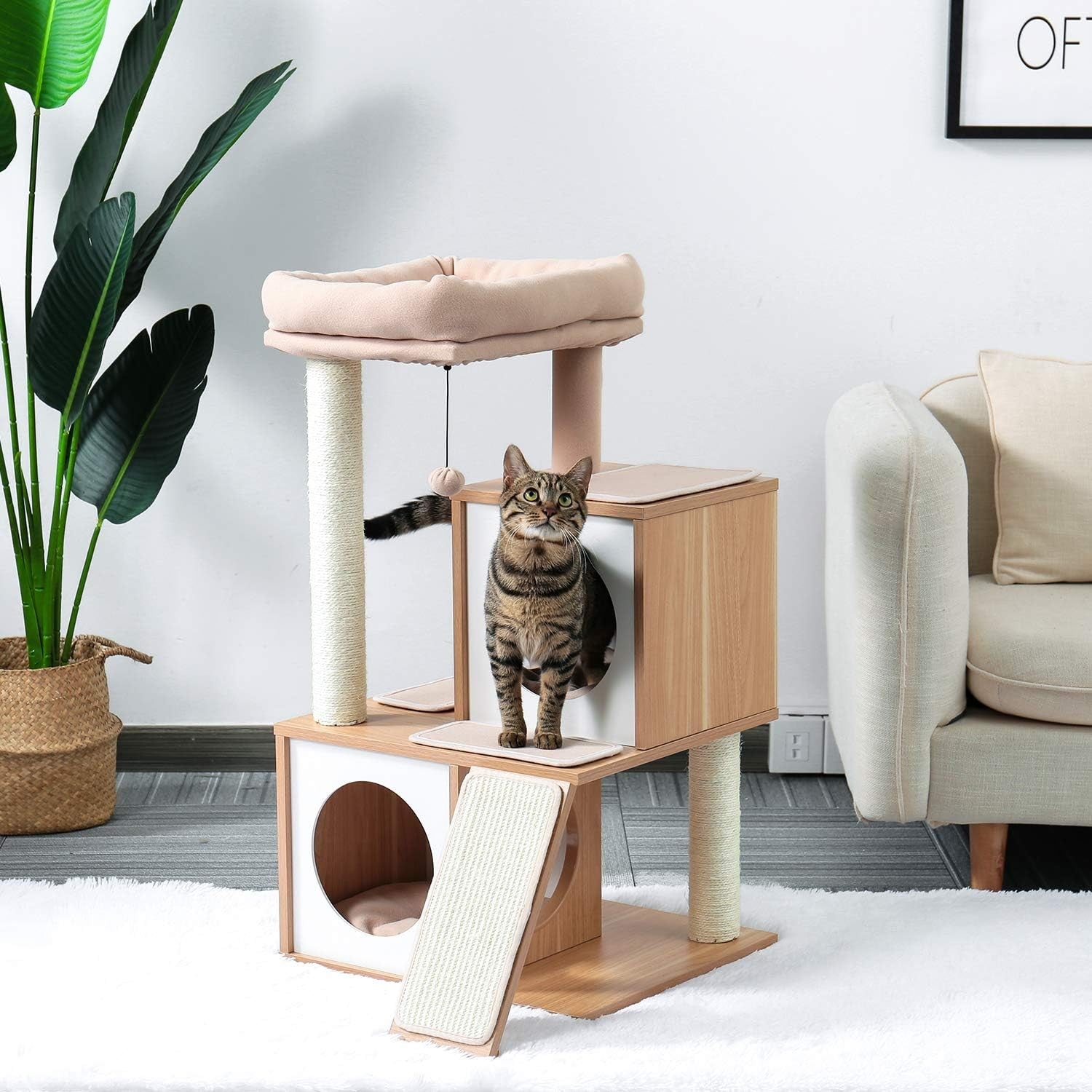 89cm Beige Wooden Cat Tree Tower Double Condo Sisal Scratching Posts