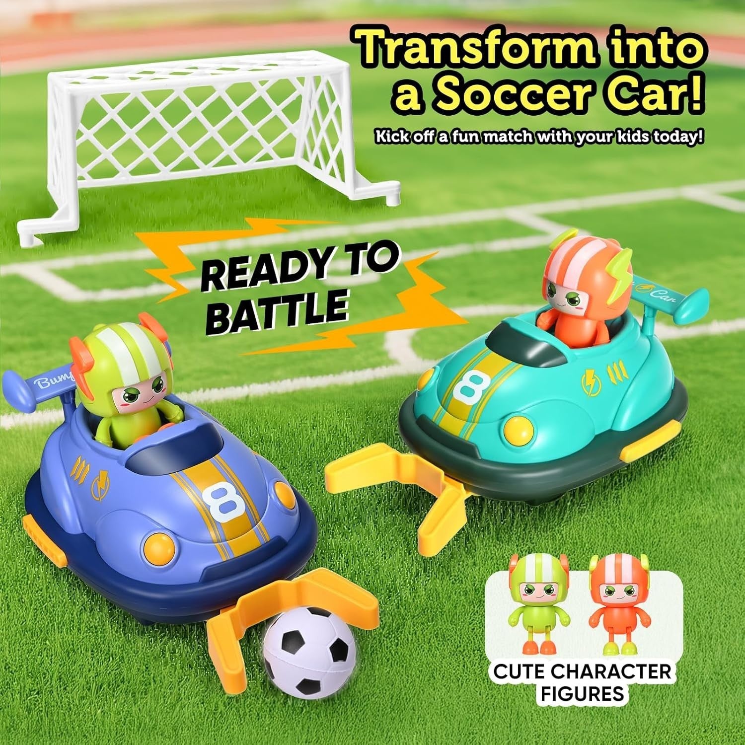 RC Bumper Cars Set of 2 with Lights & Music – Ejecting Figures & Soccer Game