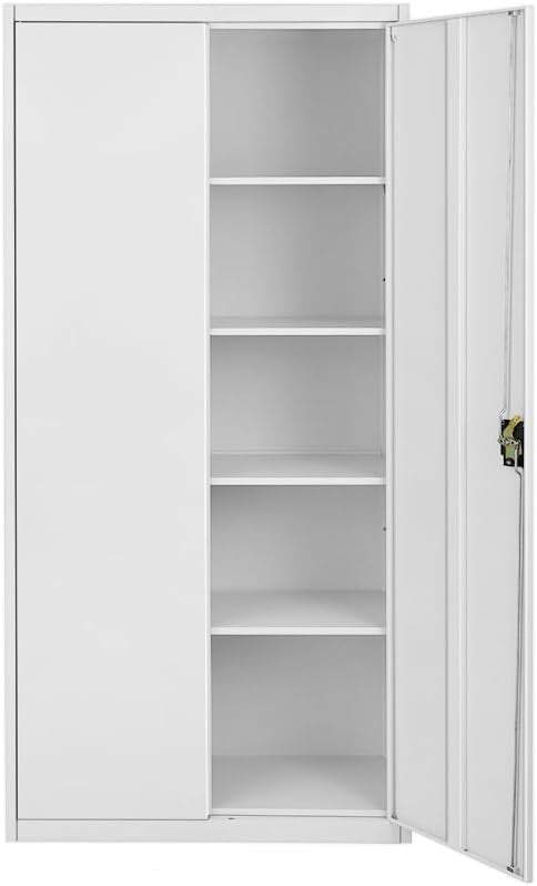Tall Grey Metal Locking Storage Cabinet 5 Tier Adjustable Shelves 185cm