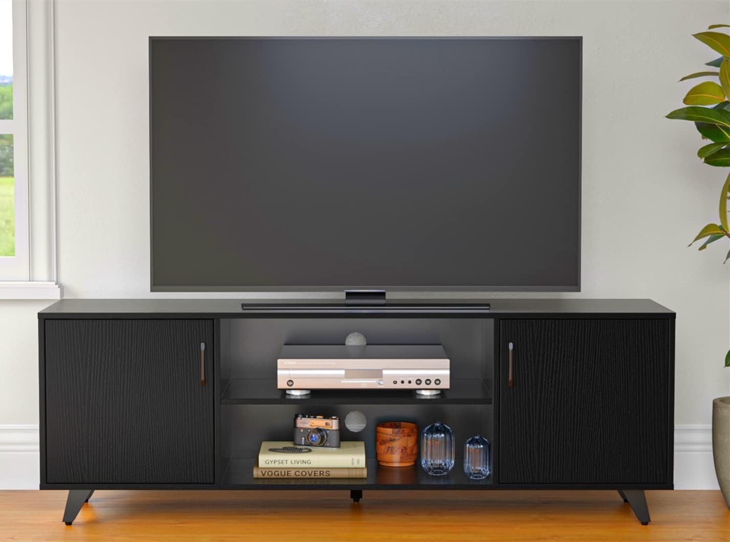 TV Stand Cabinet for 70" TV, Modern Black Unit with Storage & Shelves