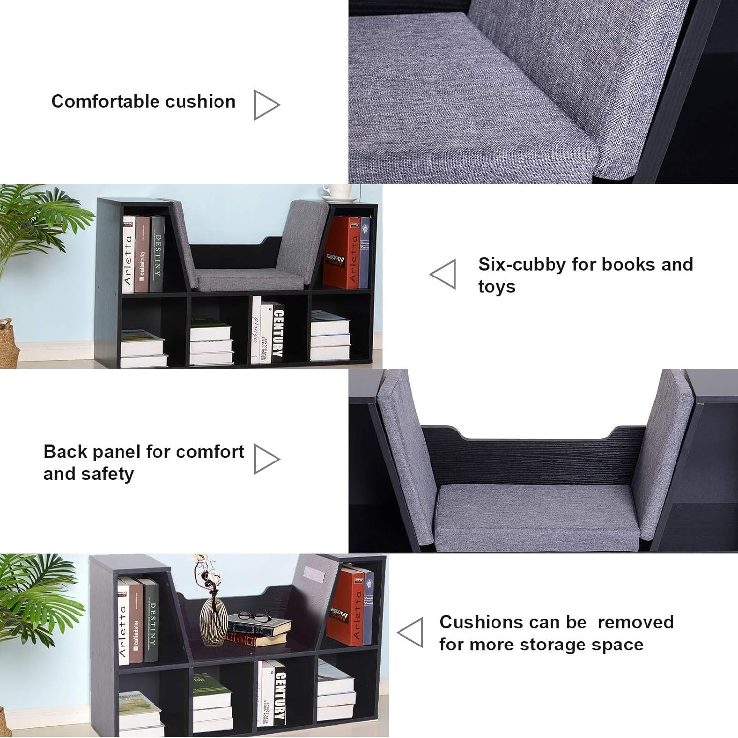 Bookcase with Cushioned Reading Seat 6 Cube Storage Bench Black