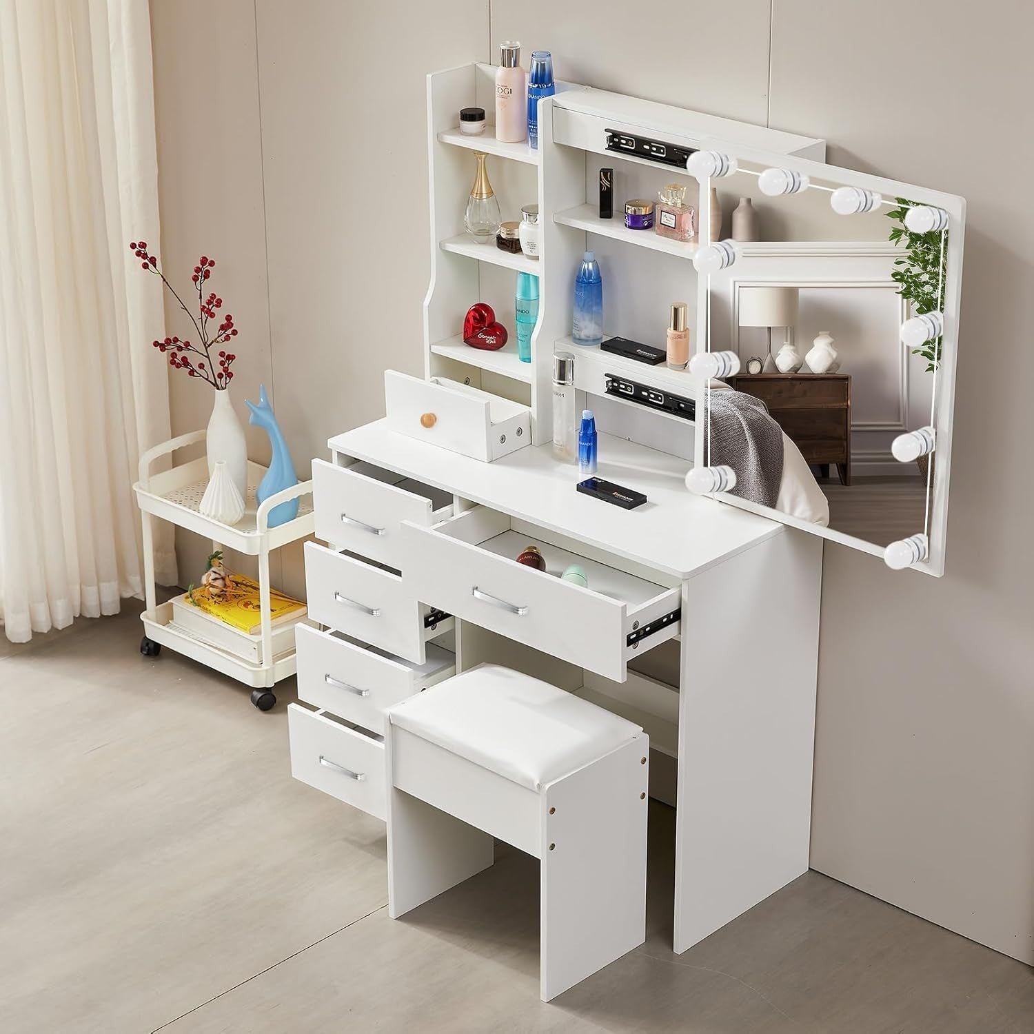 Vanity Makeup Dressing Table with 3-Color LED Mirror, 6 Drawers & Stool White