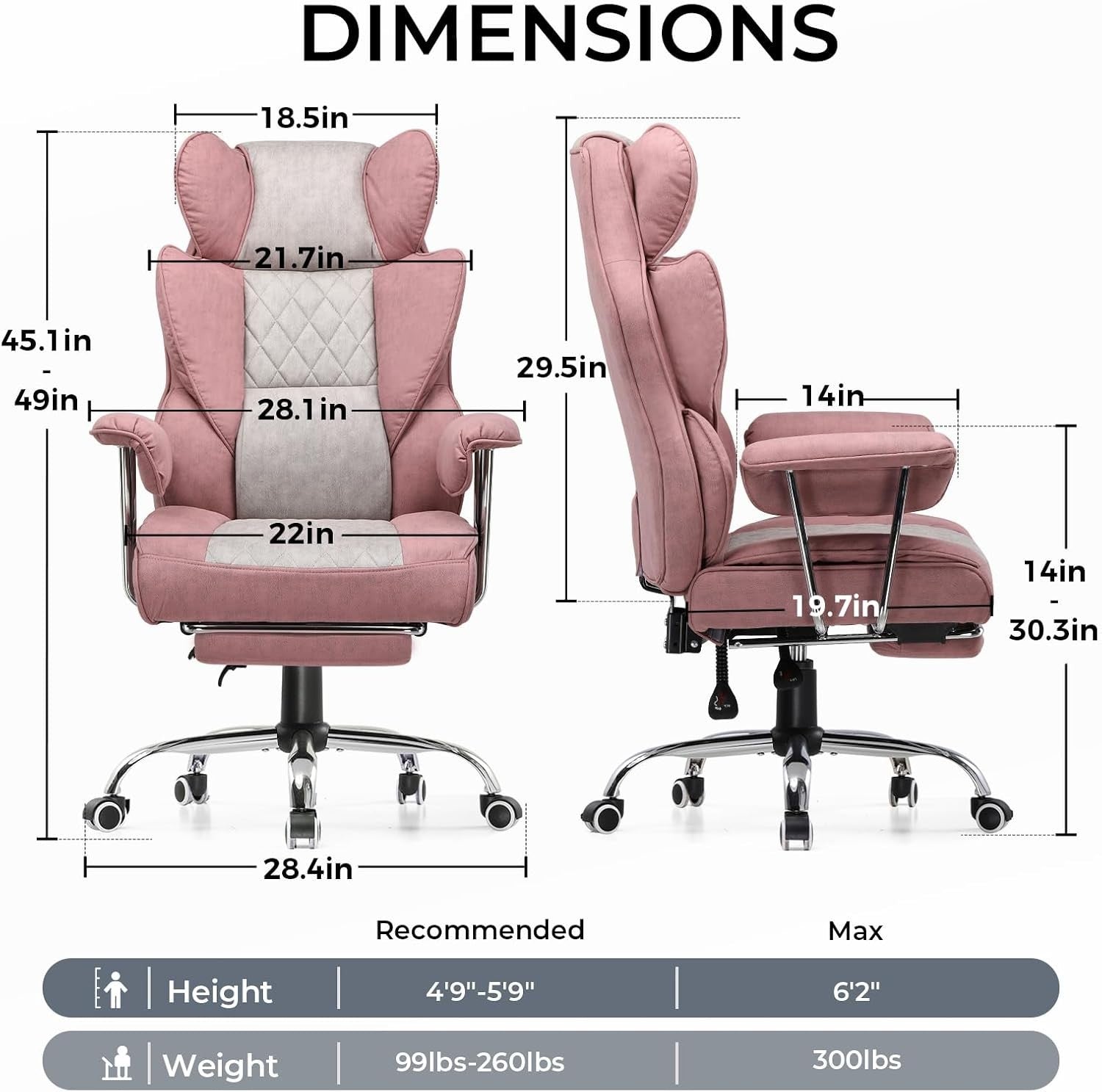 Pink Gaming Chair Ergonomic Adjustable Reclining PC Office Desk Chair