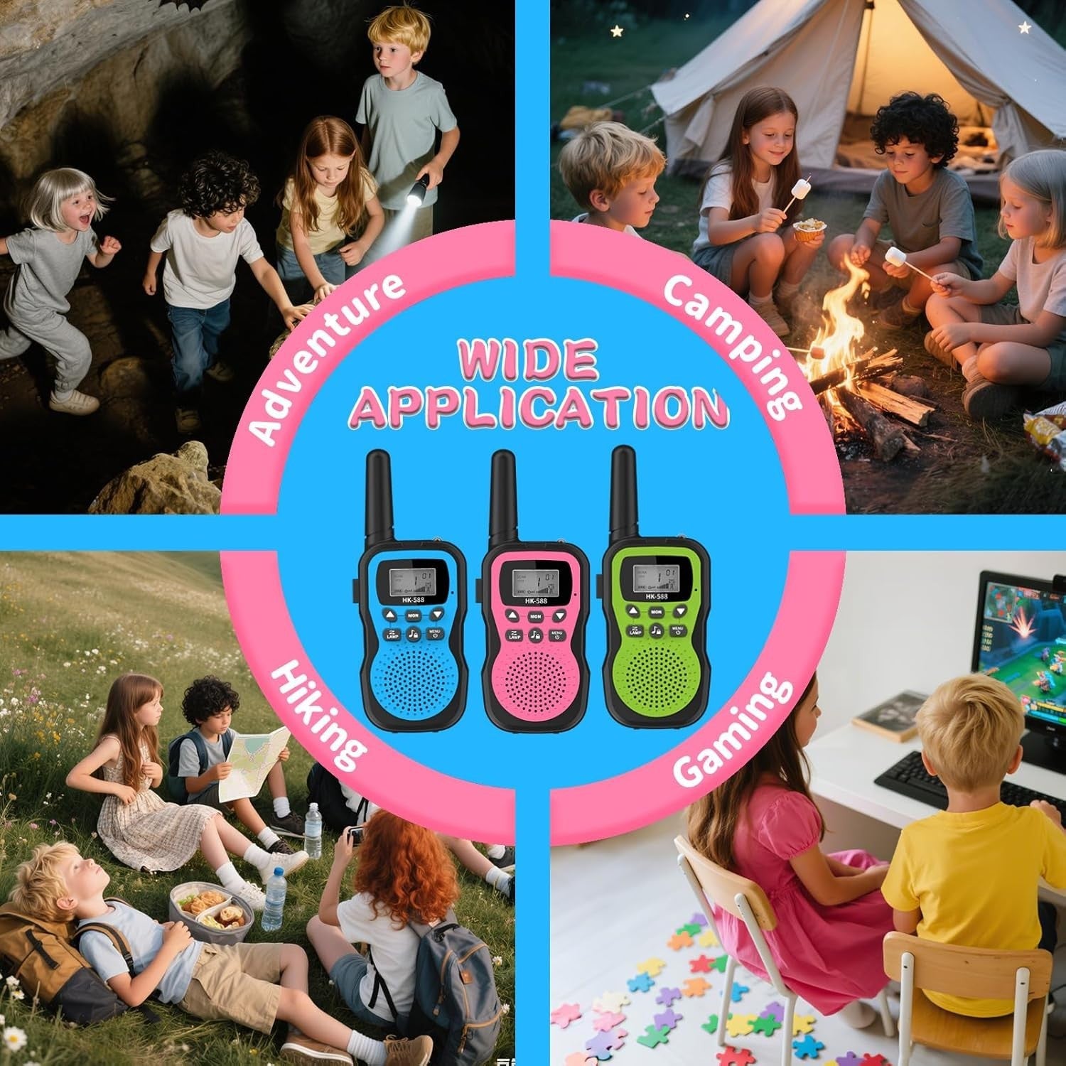 Kids Rechargeable Walkie Talkies 3 Pack 3KM Range 22CH LED Flashlight