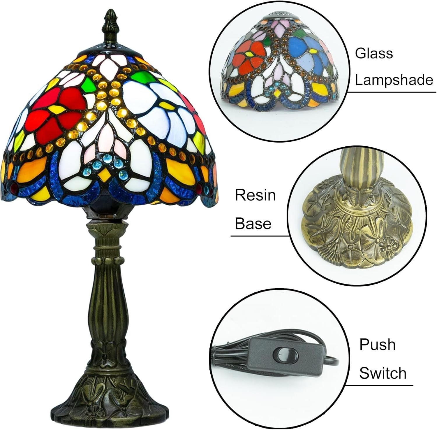 Red Rose Tiffany Table Lamp, Dimmable LED, Vintage Resin, Mood Lighting